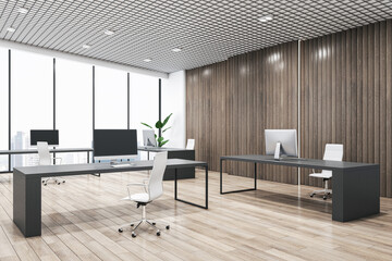 Open space office interior design with city view background from panoramic window, dark furniture and wooden slatted wall, modern computers and white wheel chairs on parquet floor. 3D rendering