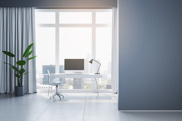 Naklejka na ściany i meble Modern home office interior with empty mock up place on wall, furniture, equipment, panoramic window with city view, curtains and concrete flooring. 3D Rendering.