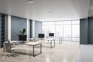 Perspective view of modern empty office interior with concrete and wooden floor, dark walls and desks with computers, window with city view. Business background and workspace concept, 3D Rendering