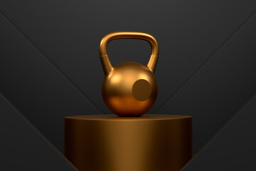 Kettlebell with metal disks on cylinder podium with steps on monochrome