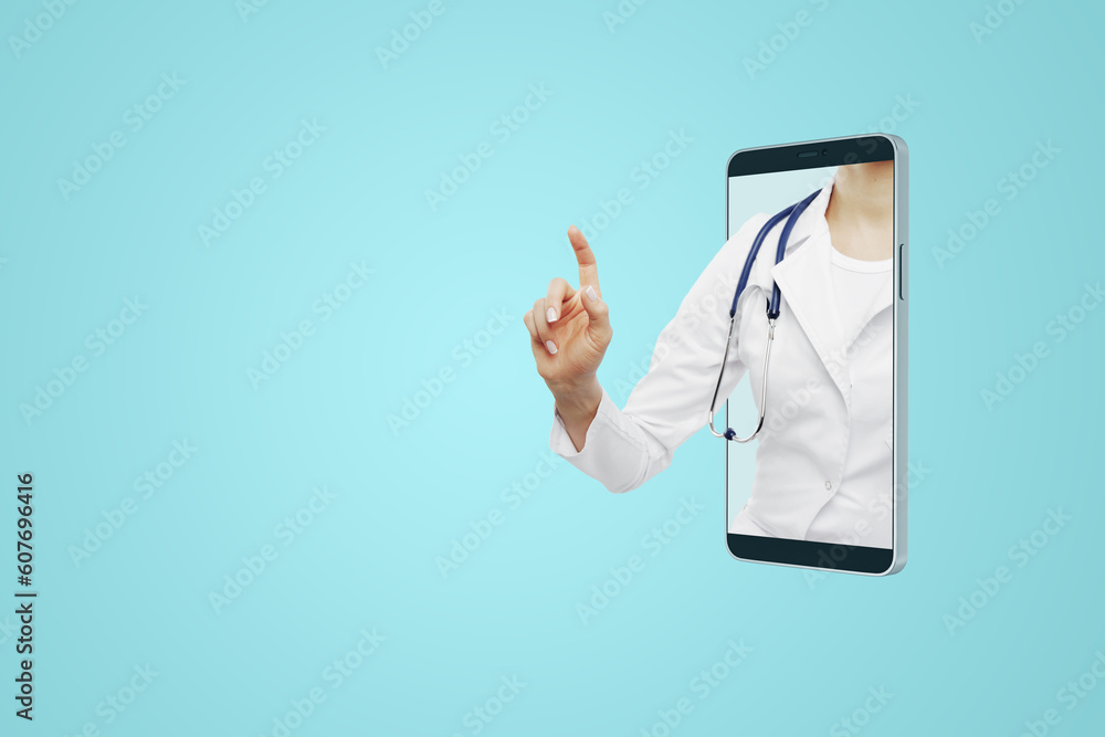 Poster doctor through smartphone screen with stethoscope and index finger up on blank blue background with 