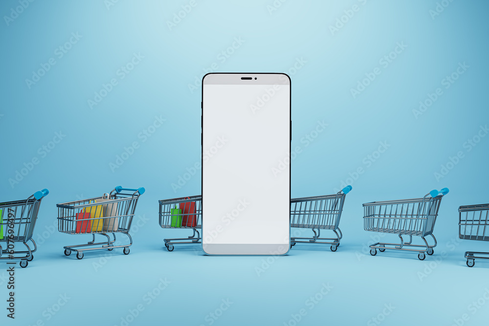 Poster creative online shopping concept with trolleys and empty white mock up cellphone screen on blue back