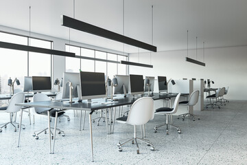 Fototapeta na wymiar Modern coworking office interior with desks, chairs, equipment and panoramic window with city view and daylight. 3D Rendering.
