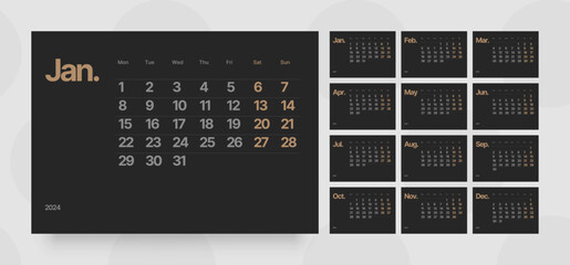 Monthly calendar template for 2024 year. Horizontal calendar grid in black and dark color. Week Starts on Monday. 