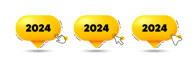 2024 year icon. Click here buttons. Event schedule annual date. 2024 annum planner. 2024 speech bubble chat message. Talk box infographics. Vector