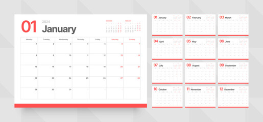 Monthly calendar template for 2024 year. Wall calendar grid in a minimalist style. Week Starts on Monday. Planner for 2024 year.