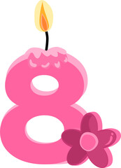 Pink eight 8 number happy birthday candle and flower vector illustration.