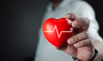 Man holding red heart shape with white cardiogram signal. Health care, life insurance business concept, world heart day, world health day