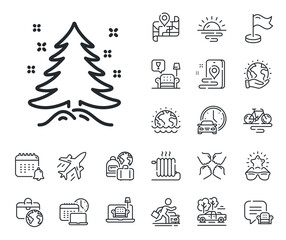 New year spruce sign. Plane jet, travel map and baggage claim outline icons. Christmas tree present line icon. Fir-tree symbol. Christmas tree line sign. Car rental, taxi transport icon. Vector