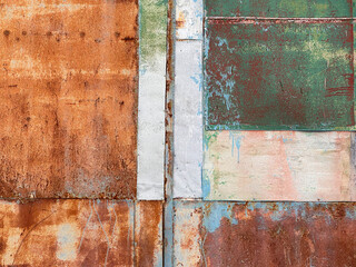 Fragments of rusty metal sheets. View in front, background
