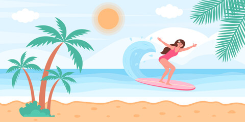Fototapeta na wymiar Woman in swimsuit on surfboard in the ocean. Tropical palms on the beach. Summertime, seascape, active sport, surfing, vacation concept. Flat cartoon vector illustration.
