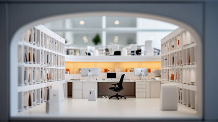 office workspace with glass walls and white furniture, in the style of dark gray, cityscape, commission for, solarization, spatiality , shallow depth of field to emphasize the subject