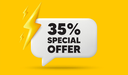 35 percent discount offer tag. 3d speech bubble banner with power energy. Sale price promo sign. Special offer symbol. Discount chat speech message. 3d offer talk box. Vector