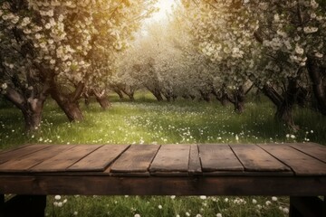 Naklejka premium Wooden table blooming blurred. Generate Ai