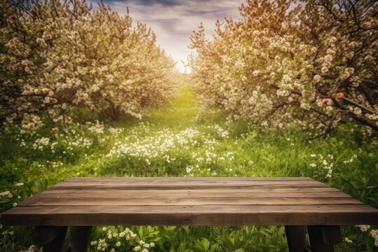 Wooden table blooming spring. Generate Ai