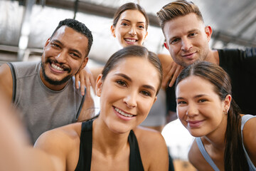 Fitness friends, face and selfie in gym with smile in portrait, exercise together and motivation....