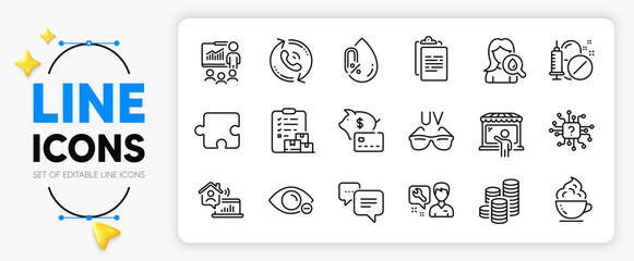 Artificial intelligence, Dots message and No alcohol line icons set for app include Medical drugs, Myopia, Clipboard outline thin icon. Call center, Moisturizing cream. Vector