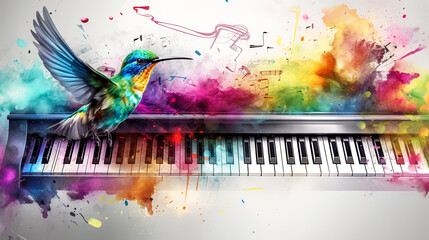 Illustration with piano keys and hummingbird bird, generative AI.