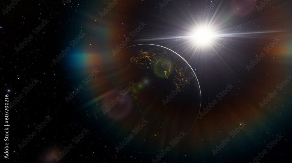 Wall mural planet earth dawn sunset from space. silhouette planet earth in rays of sun against background of sp