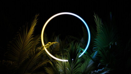 Neon glowing circle ring in palm leaves, tropical dark background. Blue purple yellow green color. Glowing linear volumetric neon round circle. 3d render © angel_nt