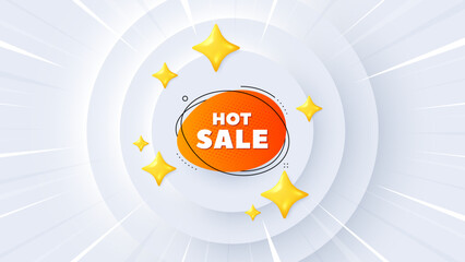 Hot sale banner. Neumorphic offer 3d banner, coupon. Discount sticker shape. Coupon bubble icon. Hot sale promo event background. Sunburst banner, flyer or poster. Vector