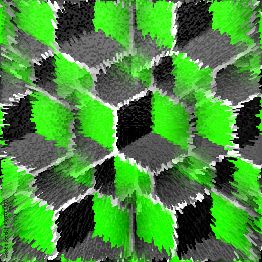 Poster creative arrangement of many similar but different cube in white grey and green colours and explodin