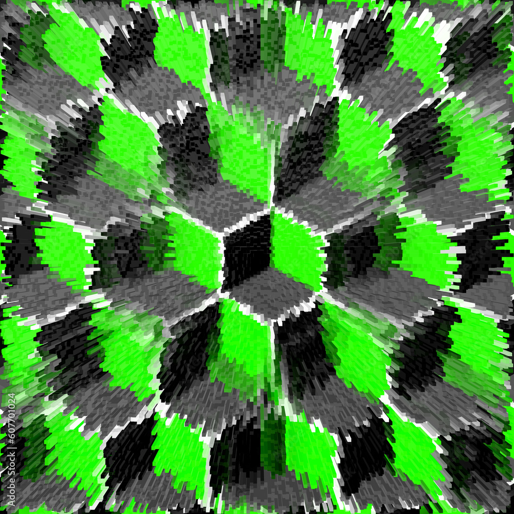 Poster creative arrangement of many similar but different cube in white grey and green colours and explodin