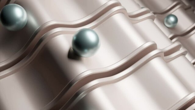 Abstract metal beige curving road with jumping balls. Design. Moving 3D spheres and stripes.