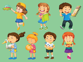  Set of different kid playing with their toys cartoon character isolated by the greatest graphics