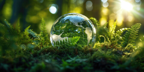 Obraz na płótnie Canvas Crystal sphere symbolising the planet earth on a green forest bed. Concept of environment and sustainability. Generative AI