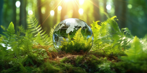 Obraz na płótnie Canvas Crystal sphere symbolising the planet earth on a green forest bed. Concept of environment and sustainability. Generative AI