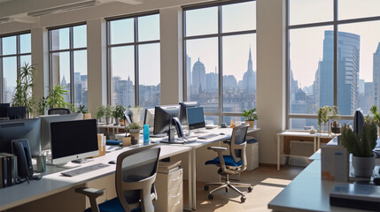 modern office desk w white desks at the floor, in the style of cityscapes, windows vista, photo-realistic landscapes, cornelis springer, richard meier, high definition, metallic rotation , shall