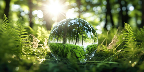 Crystal sphere symbolising the planet earth on a green forest bed. Concept of environment and sustainability. Generative AI