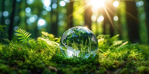 Crystal sphere symbolising the planet earth on a green forest bed. Concept of environment and sustainability. Generative AI