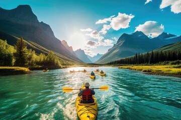 Rafting on a fast powerful mountain river. Generative AI