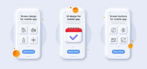 Pound money, Vegetables and Antistatic line icons pack. 3d phone mockups with calendar. Glass smartphone screen. Parcel delivery, Delivery time, Whiskey bottle web icon. Vector