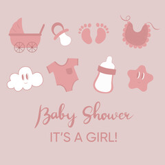 Baby shower design elements. Baby shower concept. It's a girl!