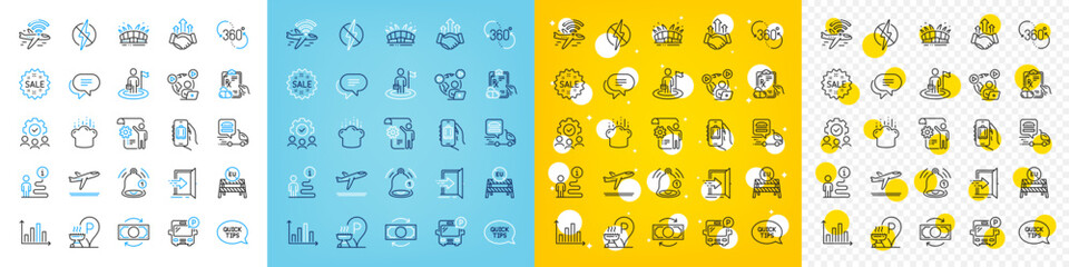 Vector icons set of Grill place, Quickstart guide and Airplane wifi line icons pack for web with Teamwork, Food delivery, 360 degree outline icon. Leadership, Change money, Support pictogram. Vector