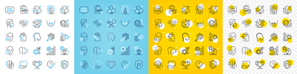 Vector icons set of Stay home, Difficult stress and Medical mask line icons pack for web with Coronavirus statistics, Shield, Covid test outline icon. Chin, Checklist, Wash hand pictogram. Vector