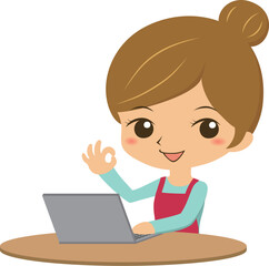 パソコンの前でOKサインをする若い主婦