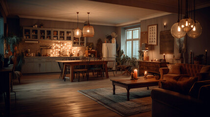 cozy warm home interior of a chic country house with an open plan. AI Generative