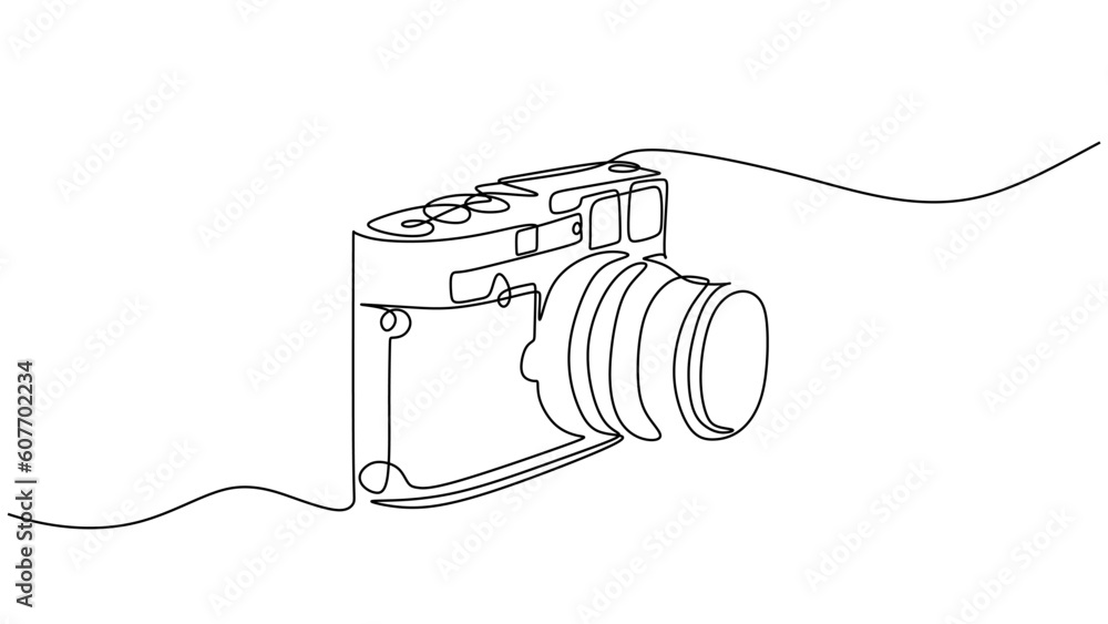 Poster old camera one line drawing. vector editable stroke, hand drawn continuous sketch minimalist and sim