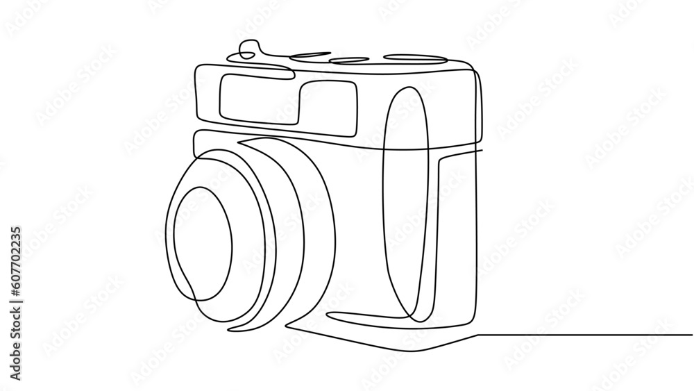 Poster old camera one line drawing. vector editable stroke, hand drawn continuous sketch minimalist and sim