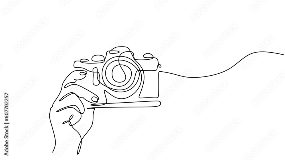 Poster old camera one line drawing. vector editable stroke, hand drawn continuous sketch minimalist and sim