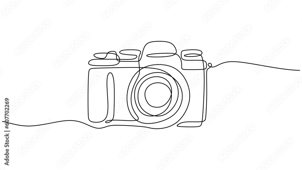 Poster old camera one line drawing. vector editable stroke, hand drawn continuous sketch minimalist and sim