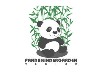 Vector panda kindergarten logo. Sitting smiling cute cub of a bamboo bear on a background of green grass. Isolated background.