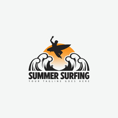 Fototapeta na wymiar summer surf logo men surfing on big wave surfboard vector image