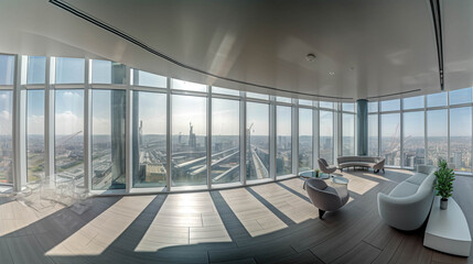 office space offering views of the city. Open ceiling showing ventilation system. AI Generative