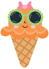 Funny ice cream cone with sunglasses and bow ribbon