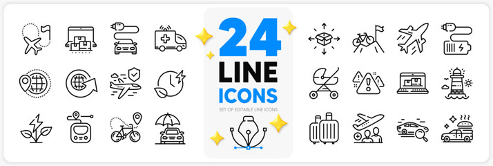 Icons set of Metro, Web inventory and Destination flag line icons pack for app with Plane, Baby carriage, World globe thin outline icon. Charging time, Eco power, Online storage pictogram. Vector